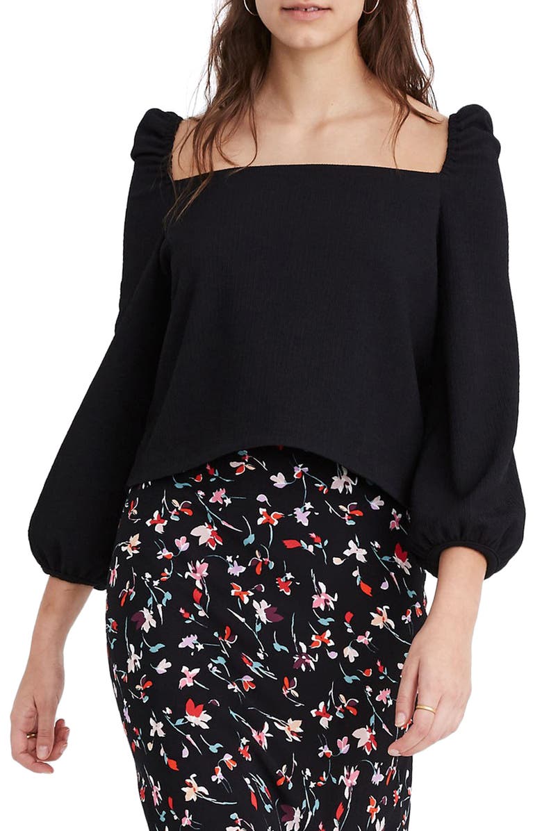 MADEWELL Crepe Square Neck Puff Sleeve Top, Main, color, TRUE BLACK