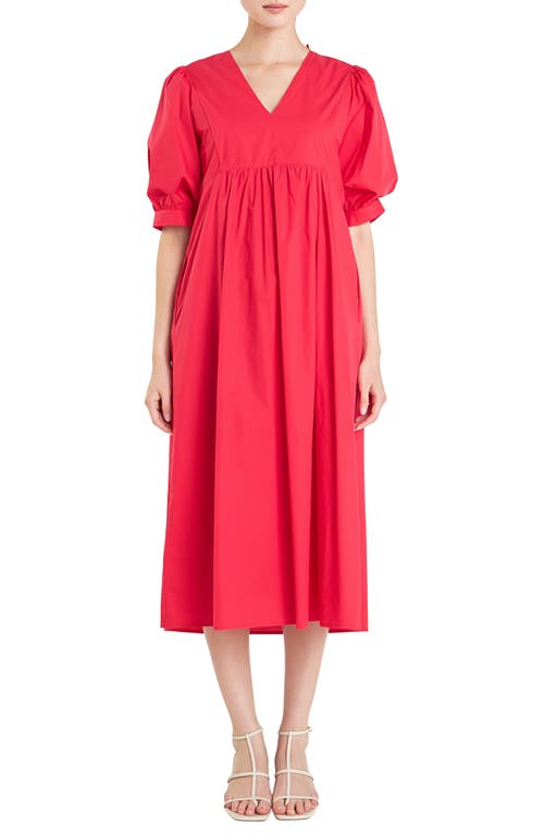 English Factory Puff Sleeve Bow Tie Midi Dress Red at Nordstrom,
