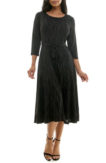 Nina Leonard Sylvia Tie Waist A-line Midi Dress In Black/gold