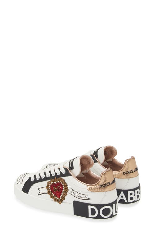 Dolce & Gabbana Calfskin Portofino Sneakers With Embroidery In Embroidery- White/gold