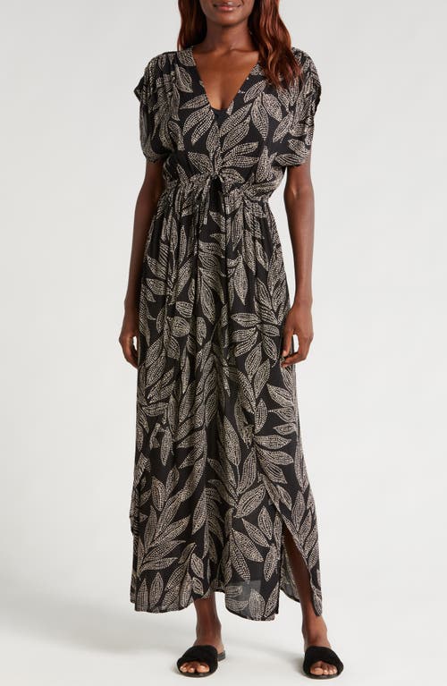 Elan Wrap Maxi Cover-Up Dress in Black Catagena Print 