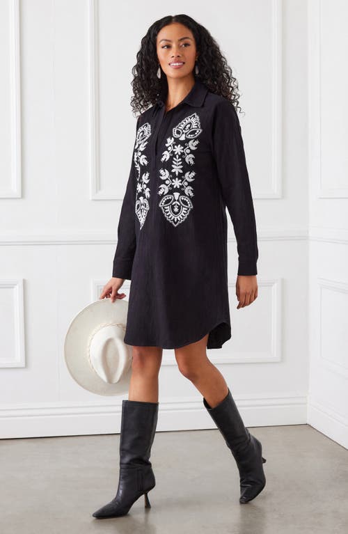 Shop Karen Kane Embroidered Long Sleeve Cotton & Linen Shirtdress In Black