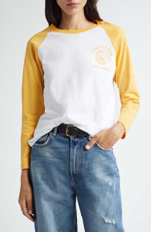 Sporty & Rich Emblem Colorblock Long Sleeve Cotton Graphic Baseball T-Shirt White at Nordstrom,