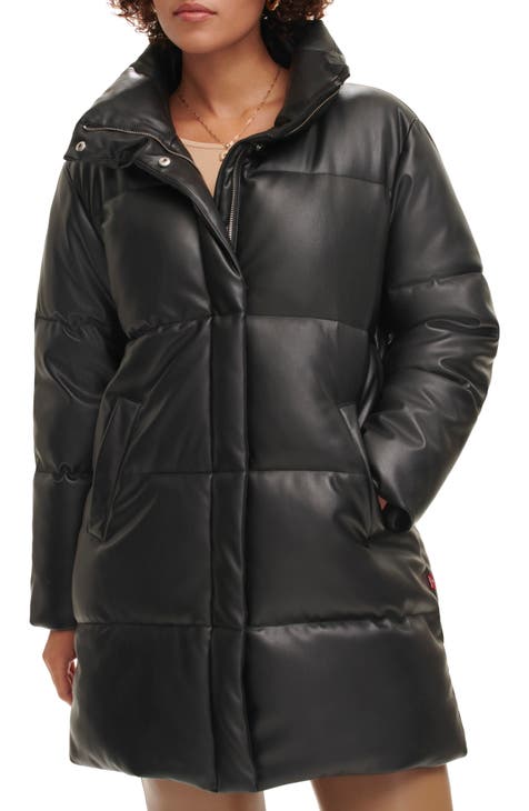 Water Resistant Faux Leather Long Puffer Coat