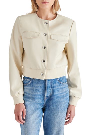 Shop Bb Dakota By Steve Madden Faux Leather Crop Bomber Jacket In Bone