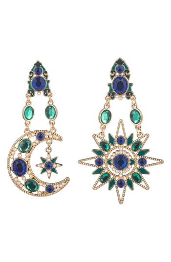 Eye Candy Los Angeles Star & Moon Crystal Drop Earrings In Green