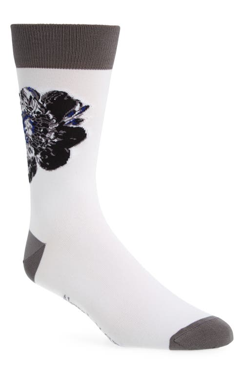 Chiaroscuro Floral Cotton Crew Socks in White/Light Grey