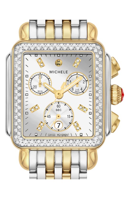 Shop Michele Deco Diamond Chronograph Bracelet Watch, 35mm In Two Tone