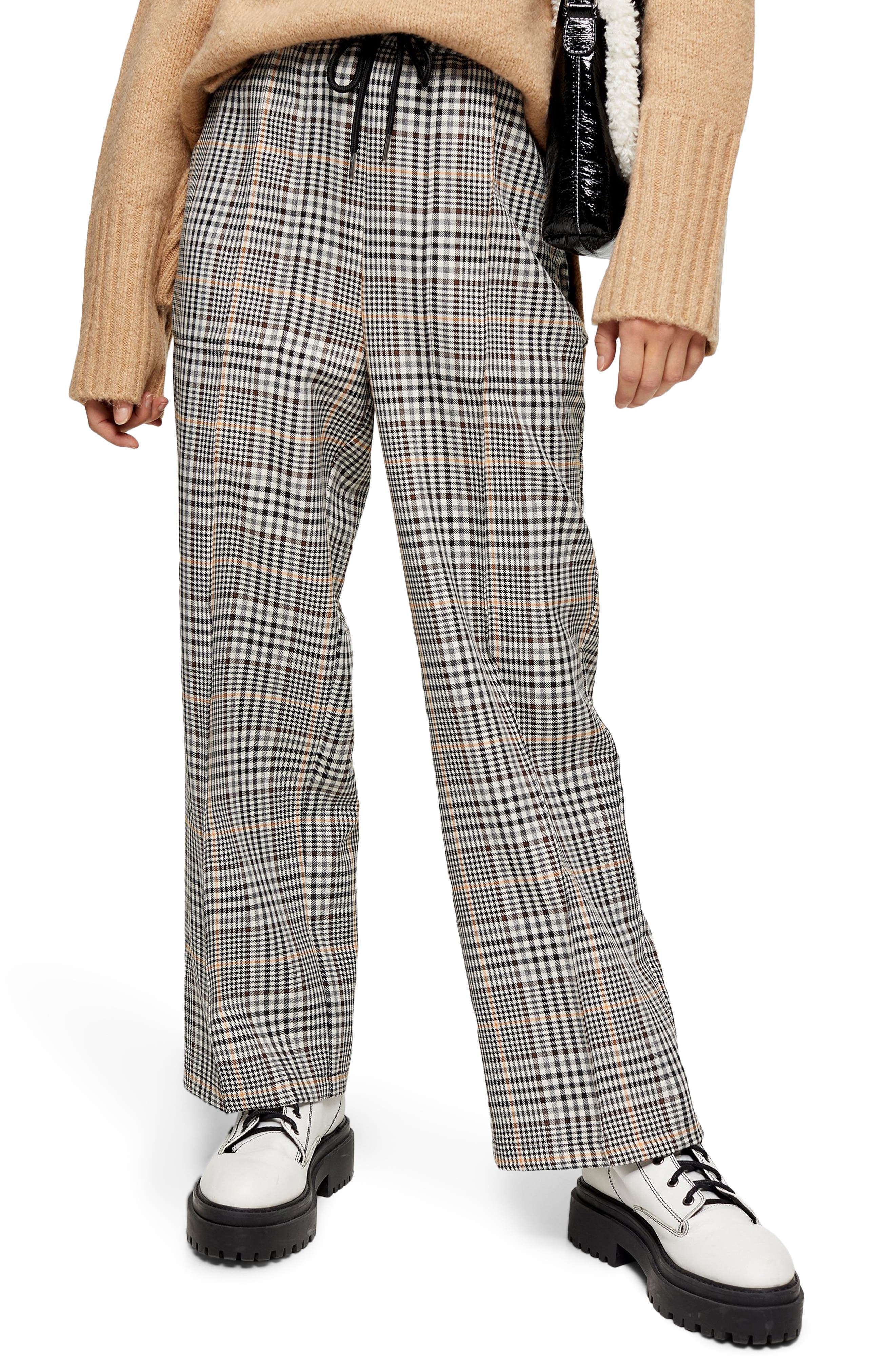 Topshop Check Wide Leg Trousers In 