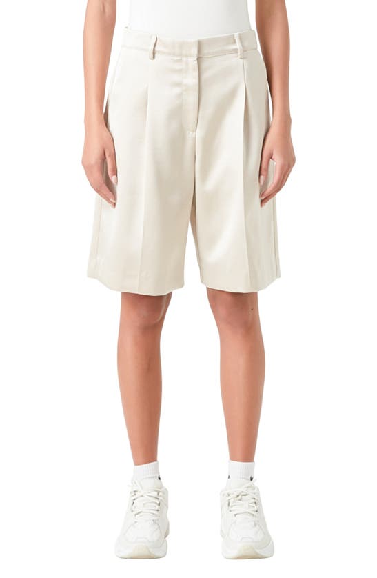 Shop Grey Lab Pleated Wide Leg Satin Bermuda Shorts In Cream