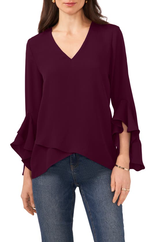 Vince Camuto Flutter Sleeve Crossover Georgette Tunic Top In Pickled Beet