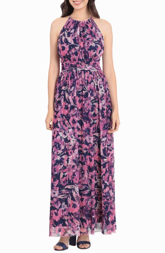 London Times Floral Halter Neck Ruched Maxi Dress In Navy/pink | ModeSens