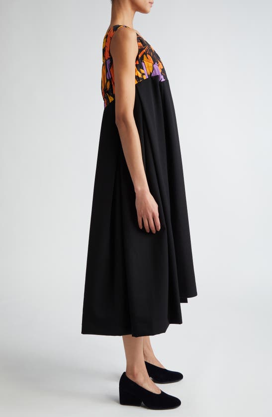 Shop Comme Des Garçons Floral Pleated Mixed Media High-low Dress In Black / Multi