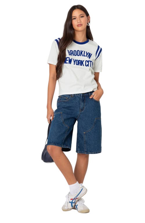 Shop Edikted Jacqui Low Rise Denim Bermuda Shorts In Blue-washed