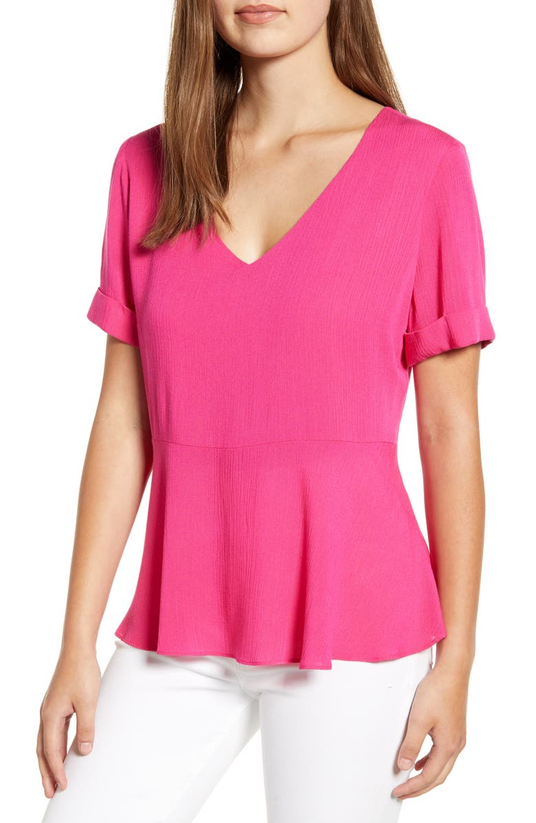 x The Motherchic Sonoma V-Neck Woven Peplum Top, Main, color, POP PINK COLOR