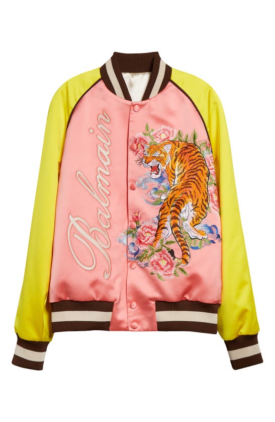 Shop Balmain Embroidered Tiger Colorblock Bomber Jacket In Light Pink/yellow/bright