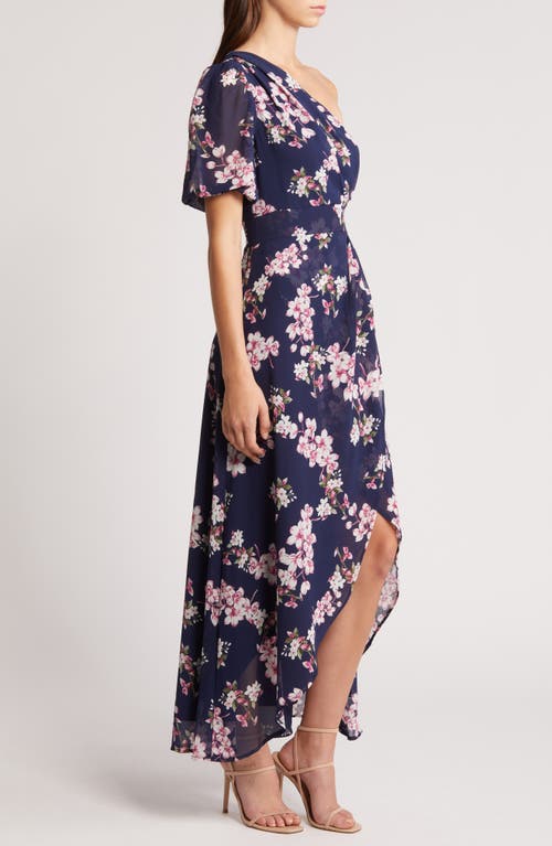 Shop Lulus Sensational Perfection Floral One-shoulder High-low Gown In Navy/pink