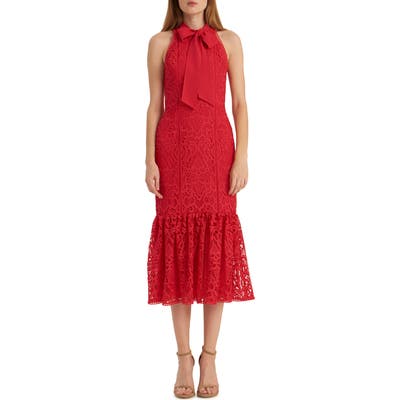 Ml Monique Lhuillier Embroidered Lace Trumpet Dress, Red