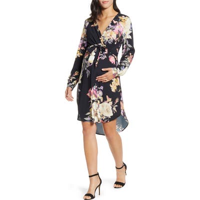 Angel Maternity Long Sleeve Floral Crepe Maternity/nursing Dress, Black