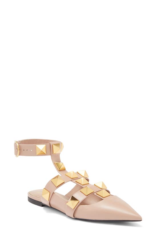 Valentino Roman Stud Ankle Strap Flat In Rose Cannelle