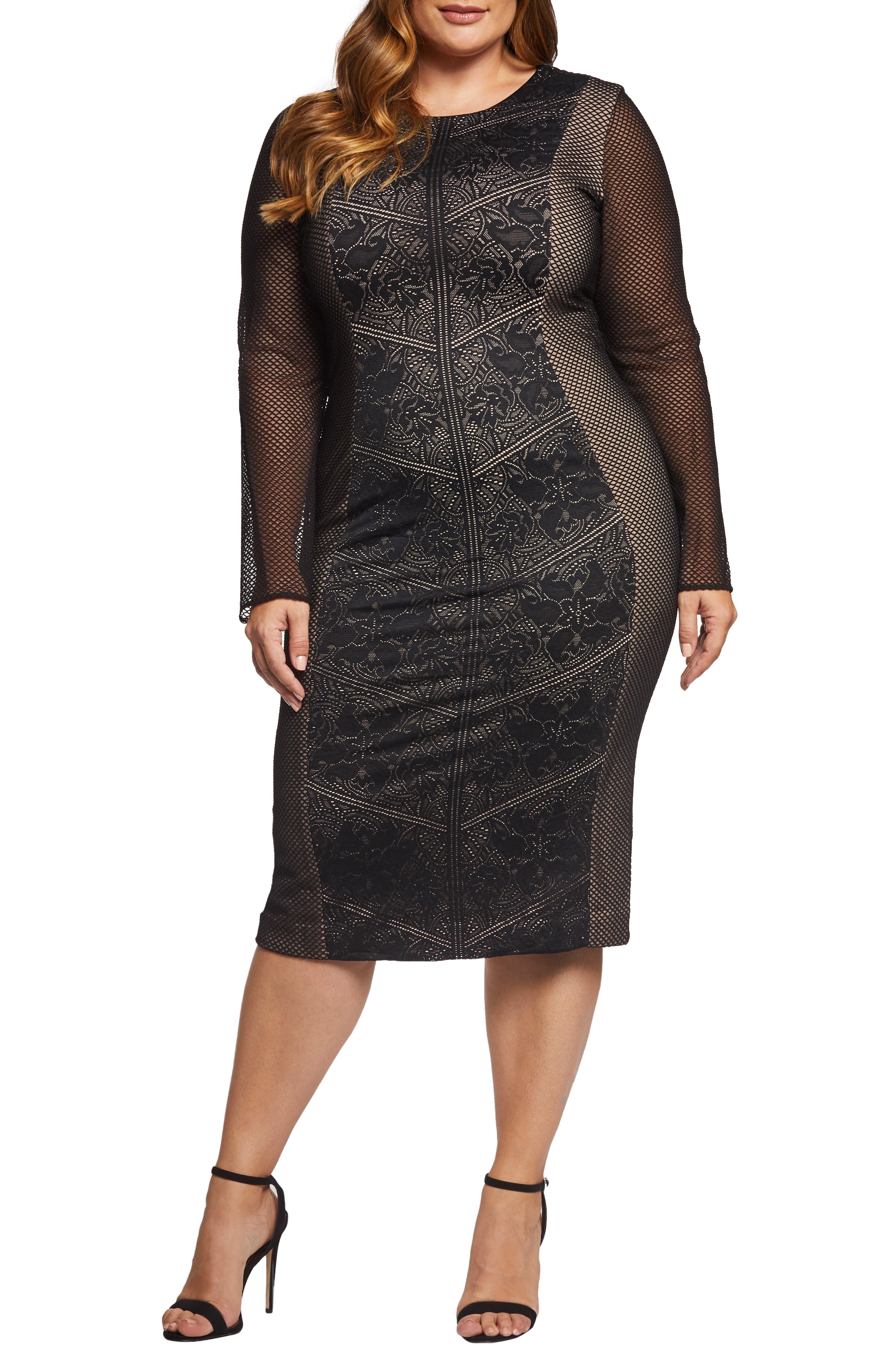 Plus Size Dress The Population Evan Lace Inset Cocktail Sheath, Black