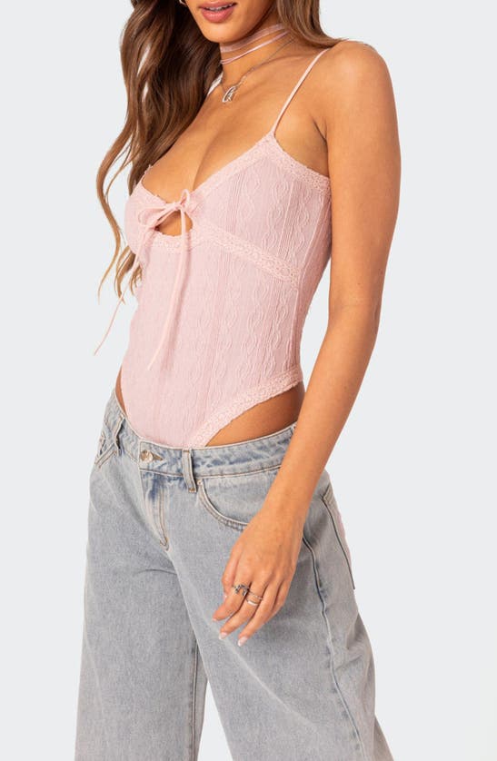 Shop Edikted Lacey Keyhole Knit Bodysuit In Light-pink