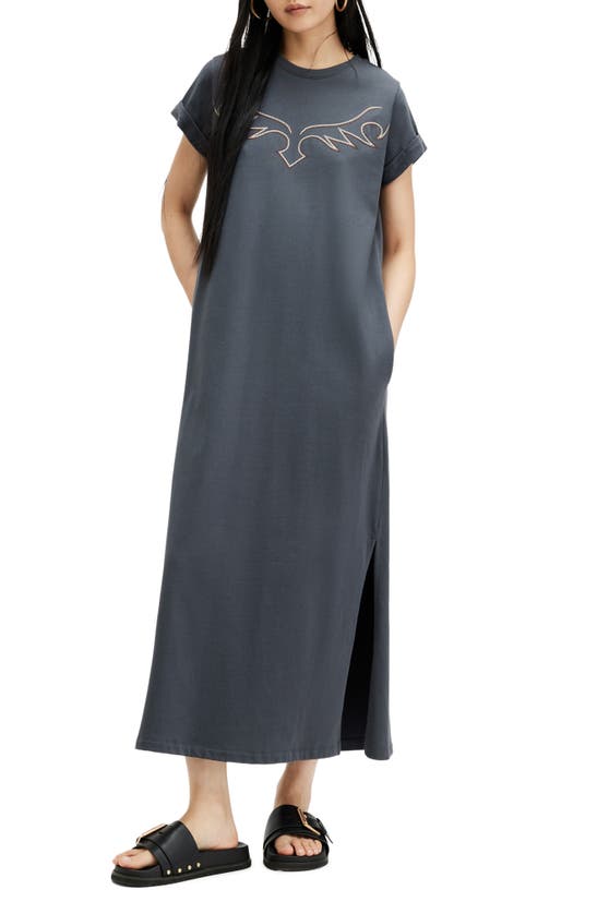 Shop Allsaints Randal Anna Embroidered Cotton T-shirt Dress In Washed Black