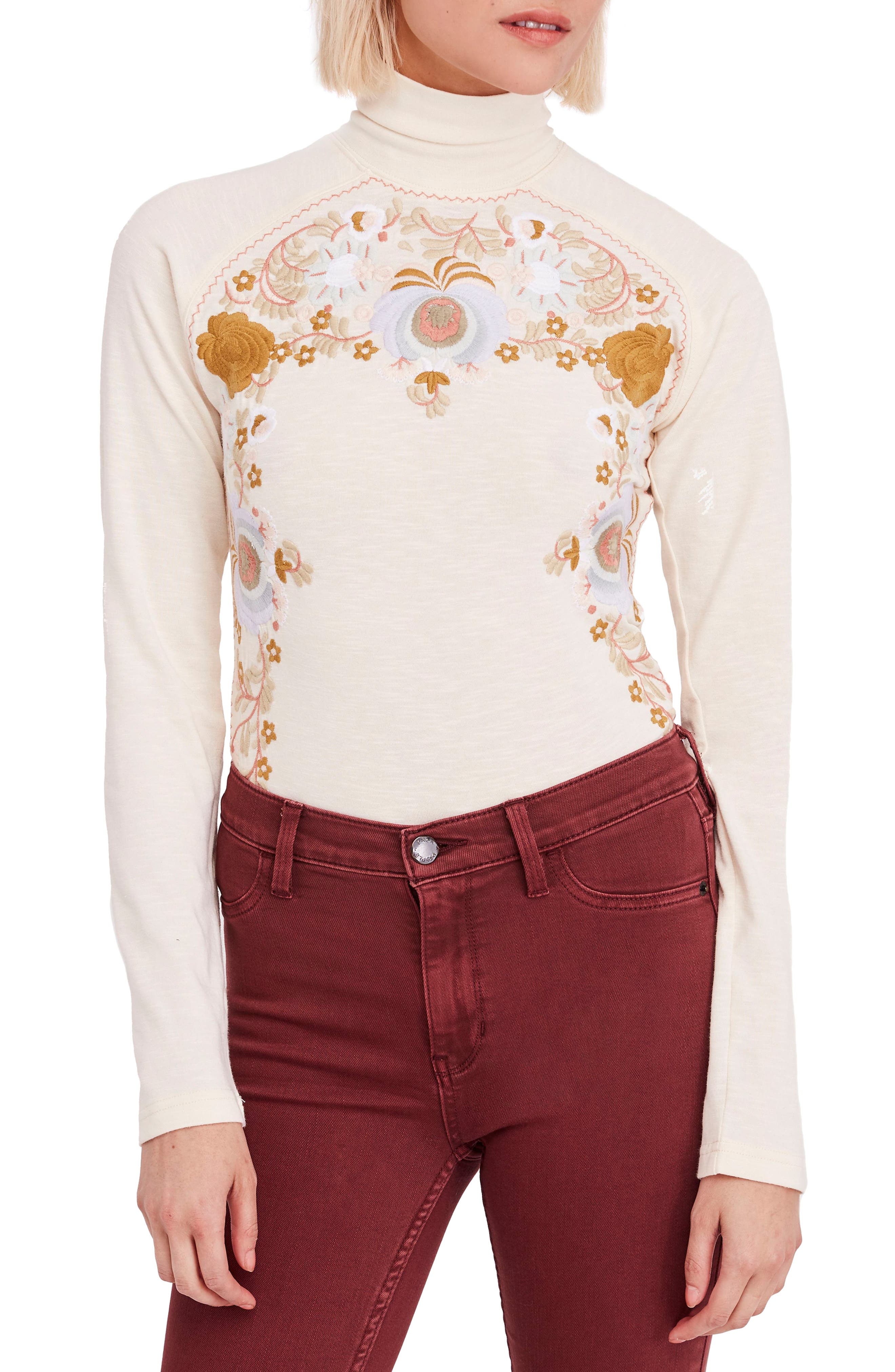 free people disco rose embroidered turtleneck top