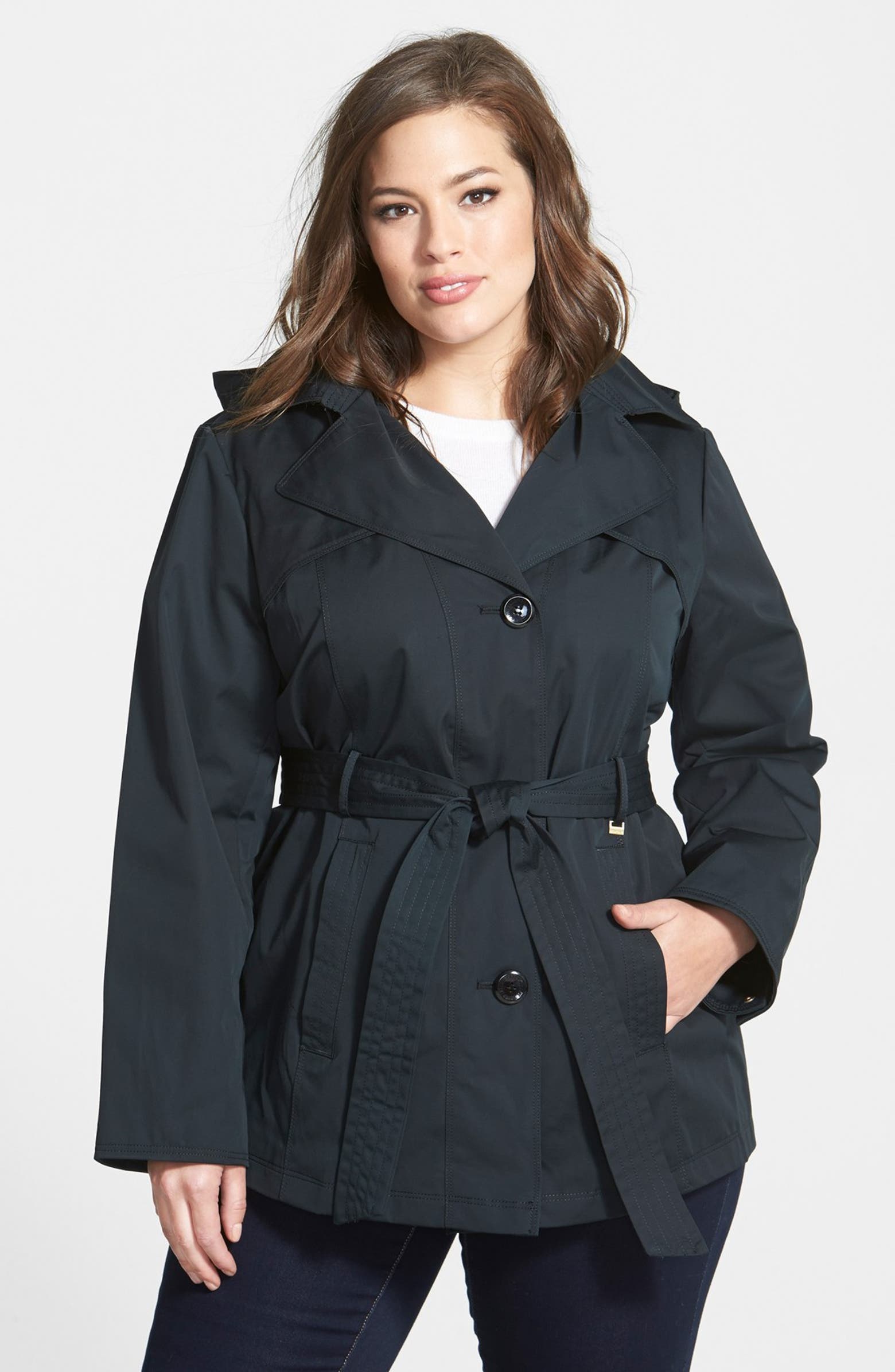 Ellen Tracy Short Trench Coat with Detachable Hood (Plus Size) | Nordstrom