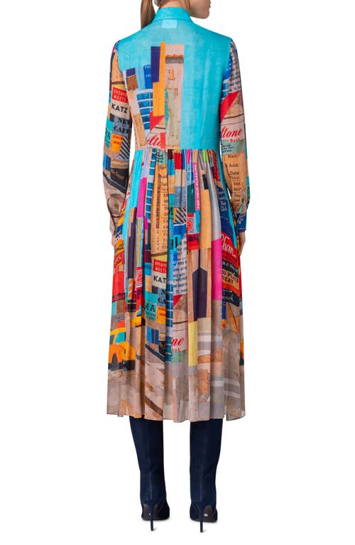 Akris Punto Nyc Paper Collage Print Long Sleeve Georgette Midi Shirtdress In Blue Multicolor