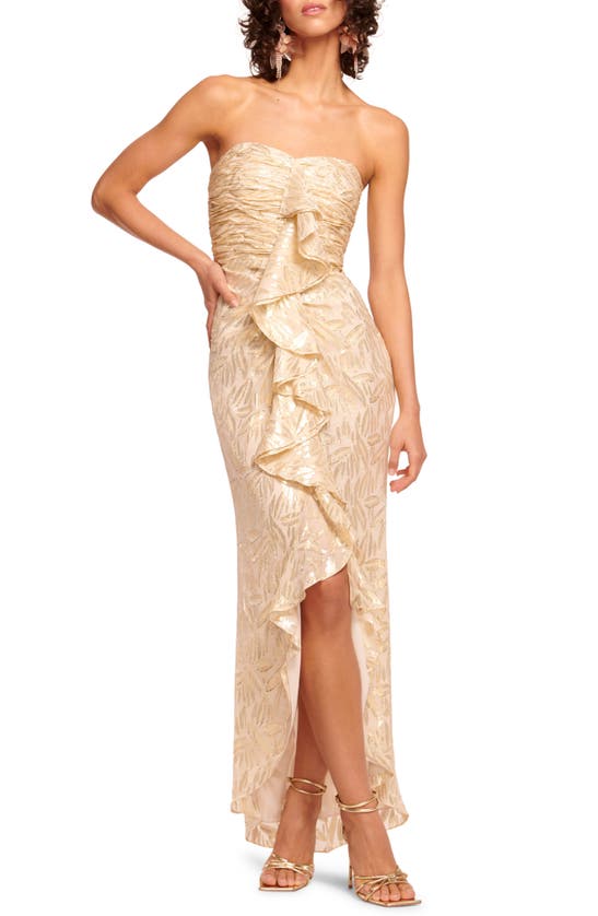 Shop Ramy Brook Goldie Strapless Metallic Silk Gown In Rattan Multi
