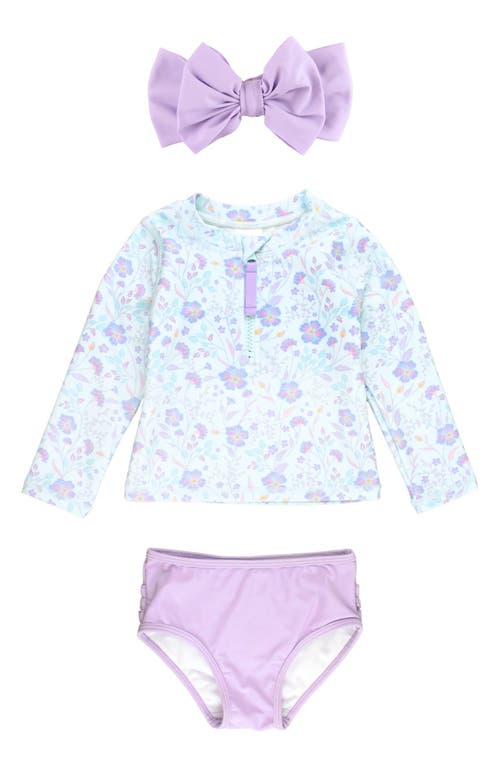 RuffleButts Fairytale Garden Long Sleeve Two-Piece Swimsuit & Headband Set in Periwinkle at Nordstrom, Size 18-24M