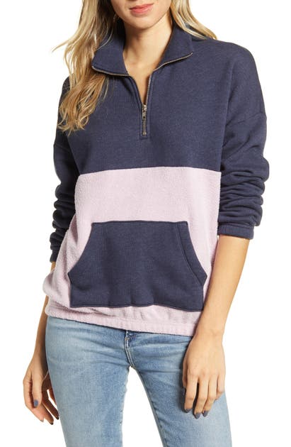 Click to view more detailed imagery on our partner's website Wildfox Colorblock Mix Media Cotton Blend Sweatshirt In Oxford/ Mauve Shadow