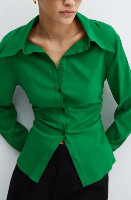 MANGO Fitted Ruched Button-Up Shirt Green at Nordstrom,