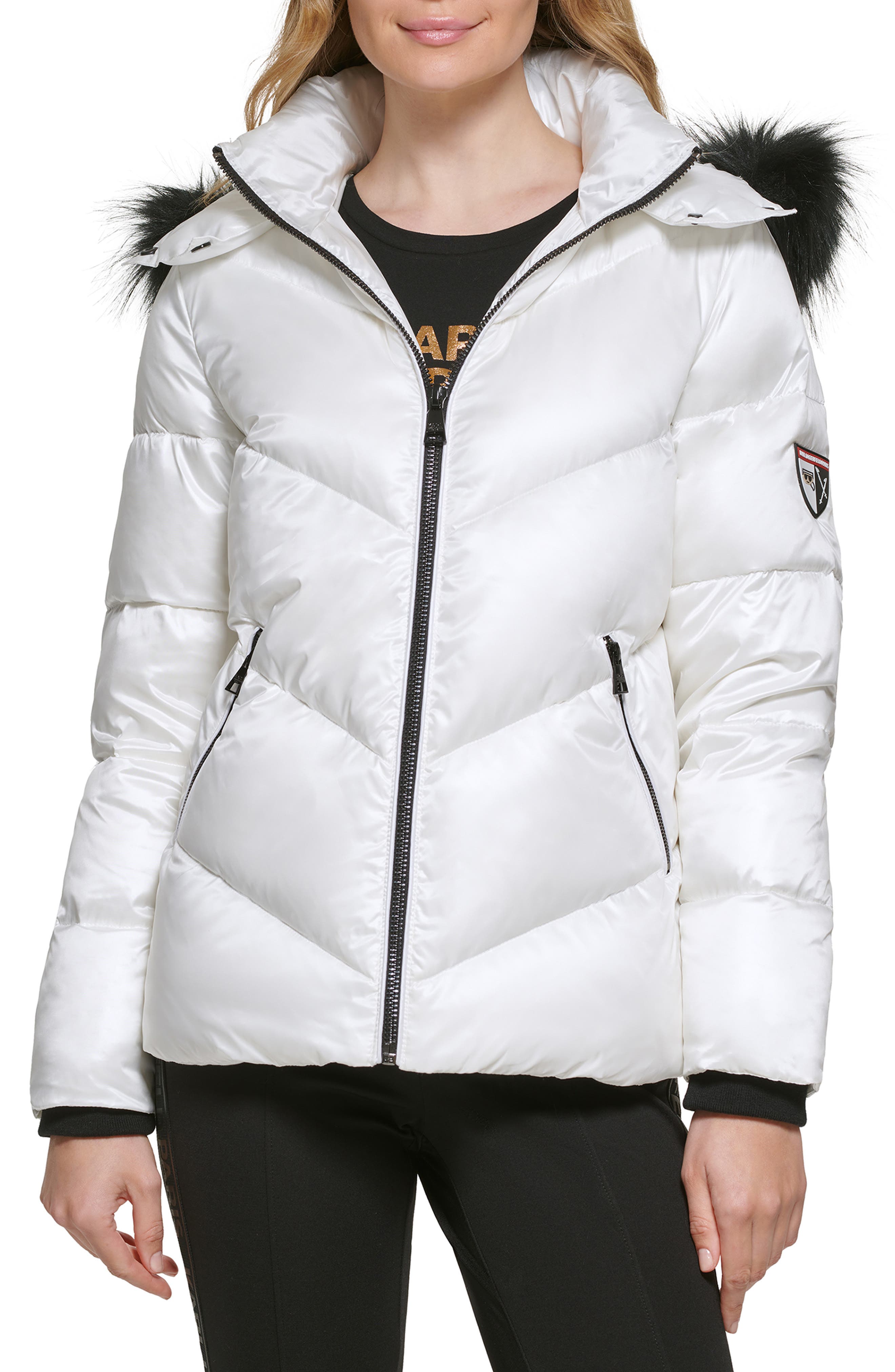 womens white puffer jacket with fur hood