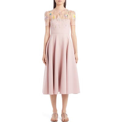 Valentino Embellished Illusion Yoke Wool & Silk Midi Dress, US / 42 IT - Pink
