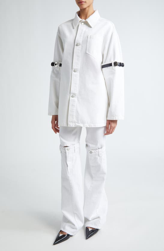 Shop Coperni Hybrid Belted Sleeve Denim Overshirt In White