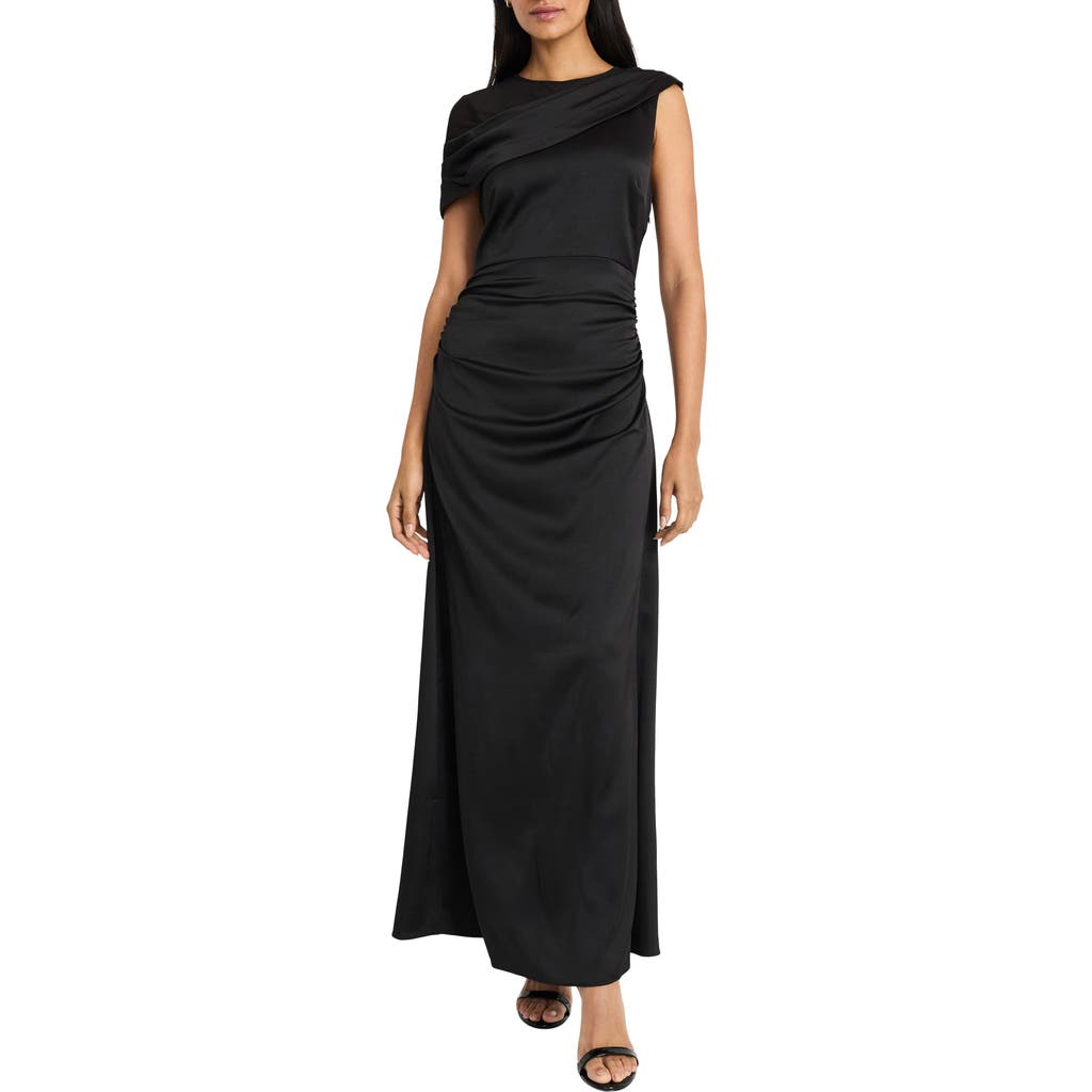 Maggy London Draped Mesh Shoulder Satin Cocktail Dress in Black