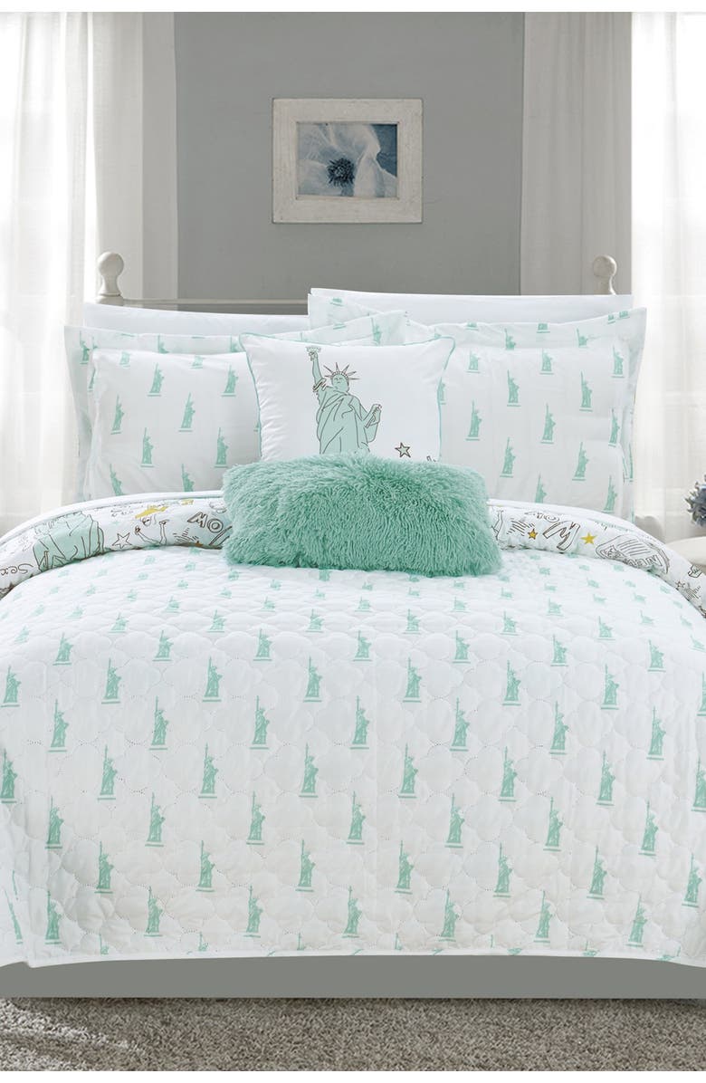 CHIC Full Fulton Reversible New York Theme Quilt Set - Green, Main, color, GREEN