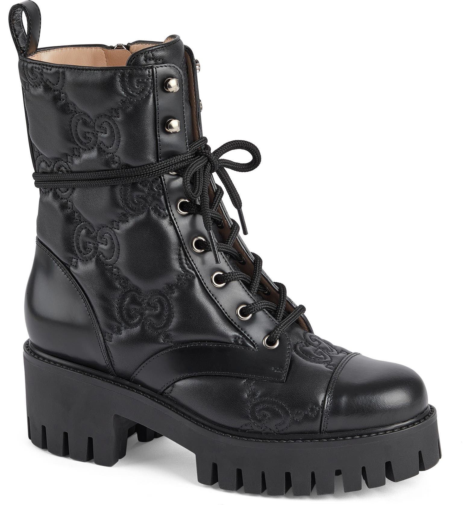 Black Gucci Logo Quilted Leather Combat Boot 