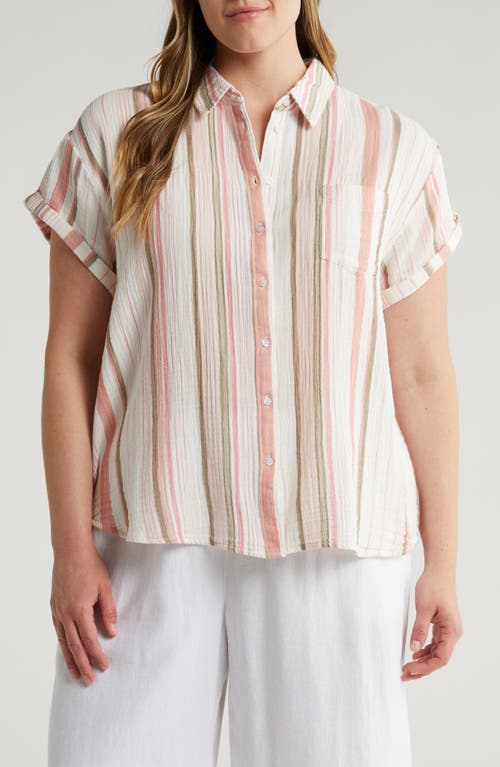 caslon(r) Stripe Short Sleeve Cotton Gauze Button-Up Shirt Pink at Nordstrom,