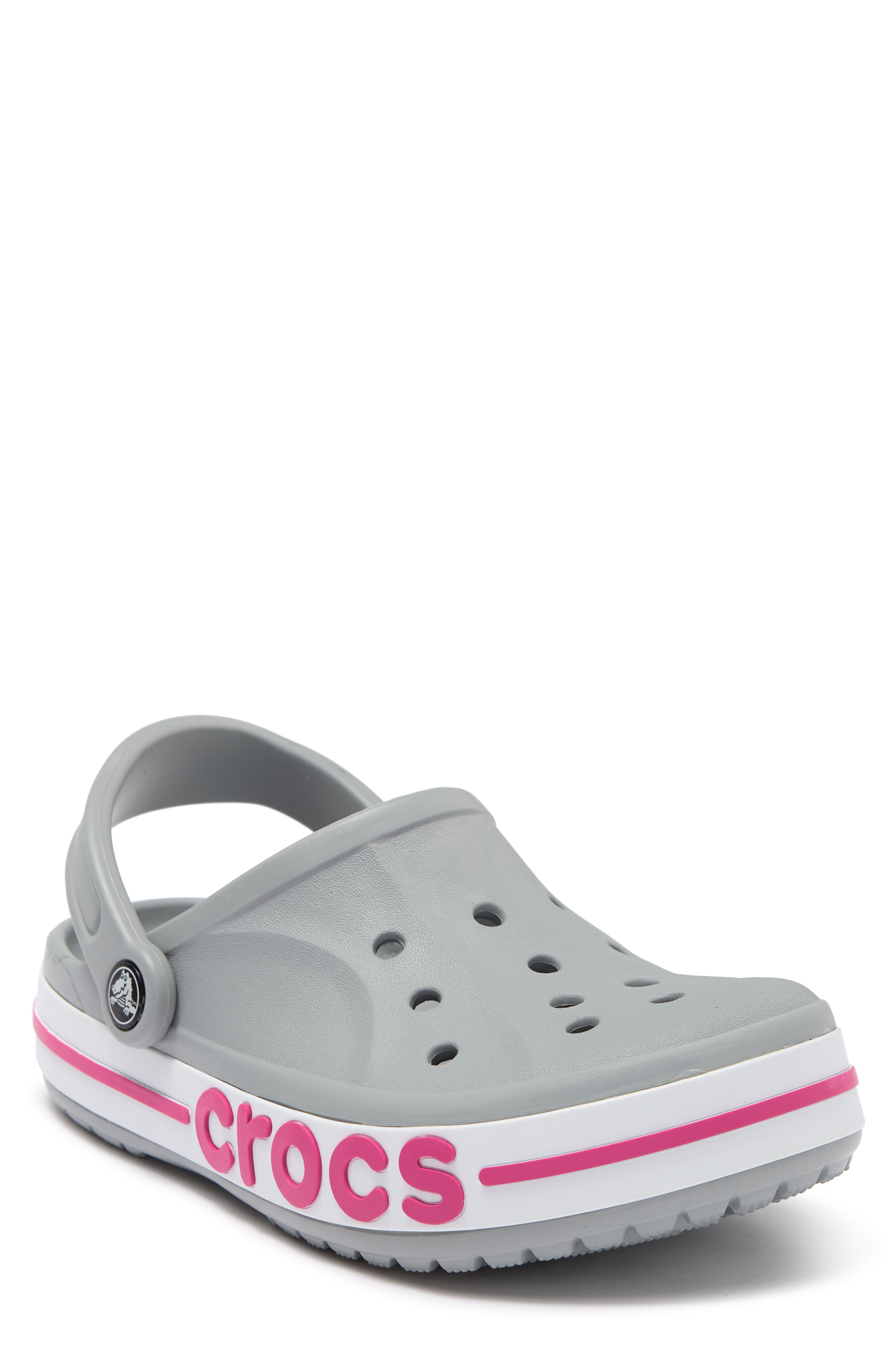 gray and pink crocs