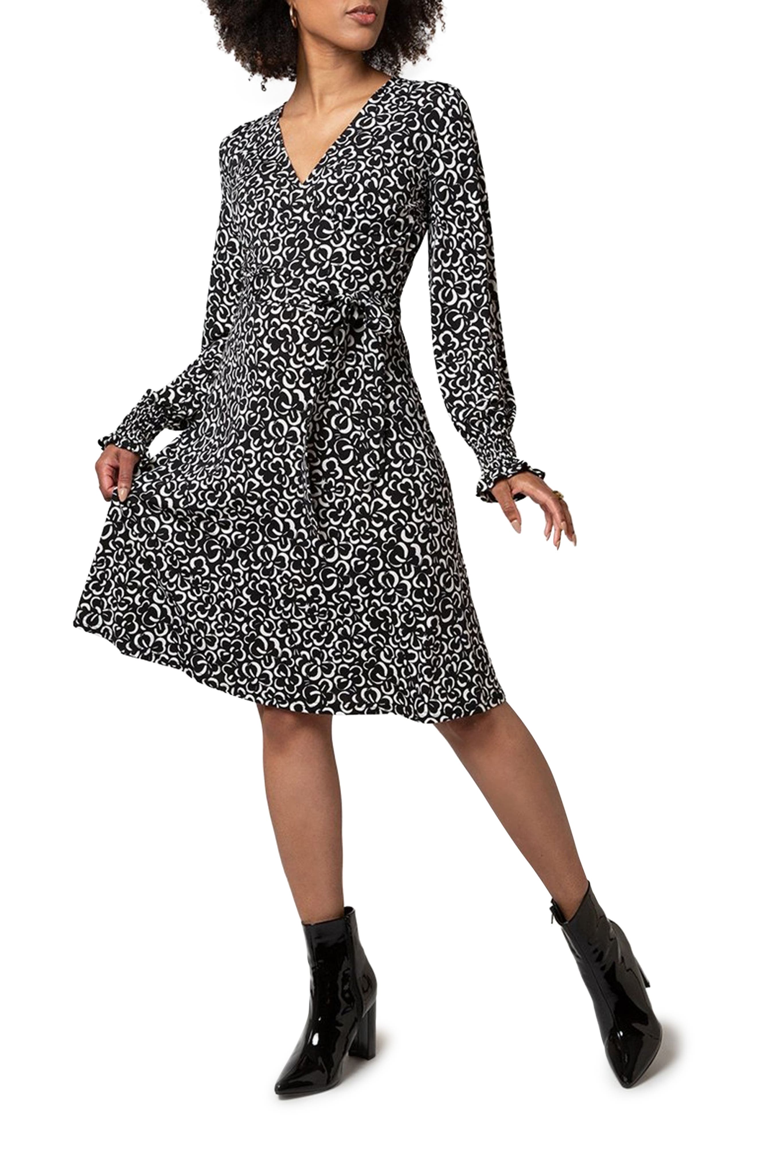 Leota Perfect Long Sleeve Wrap Midi Dress in Graphic Gardenic Black at Nordstrom