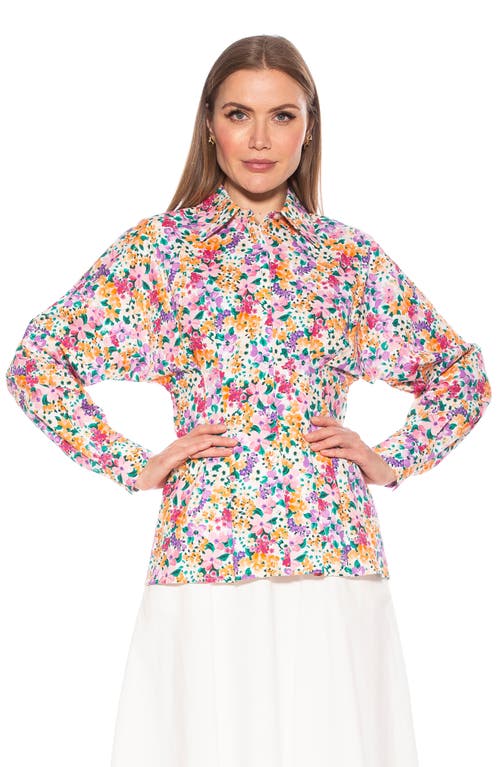 Alexia Admor Calliope Fitted Long Sleeve Button-up Shirt In White/purple Floral Multi