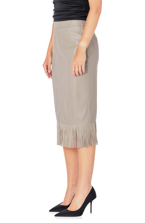 Shop Endless Rose Fringe Faux Leather Midi Penci Skirt In Taupe