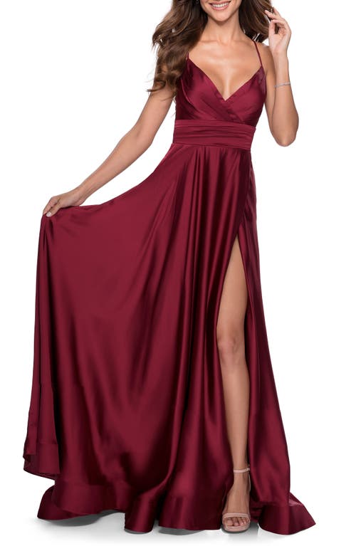 La Femme Satin Empire Waist Sleeveless Gown in Wine