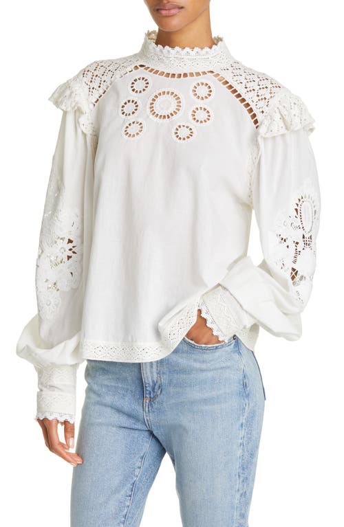 FARM Rio Romantic Embroidered Eyelet Blouse in Off-White