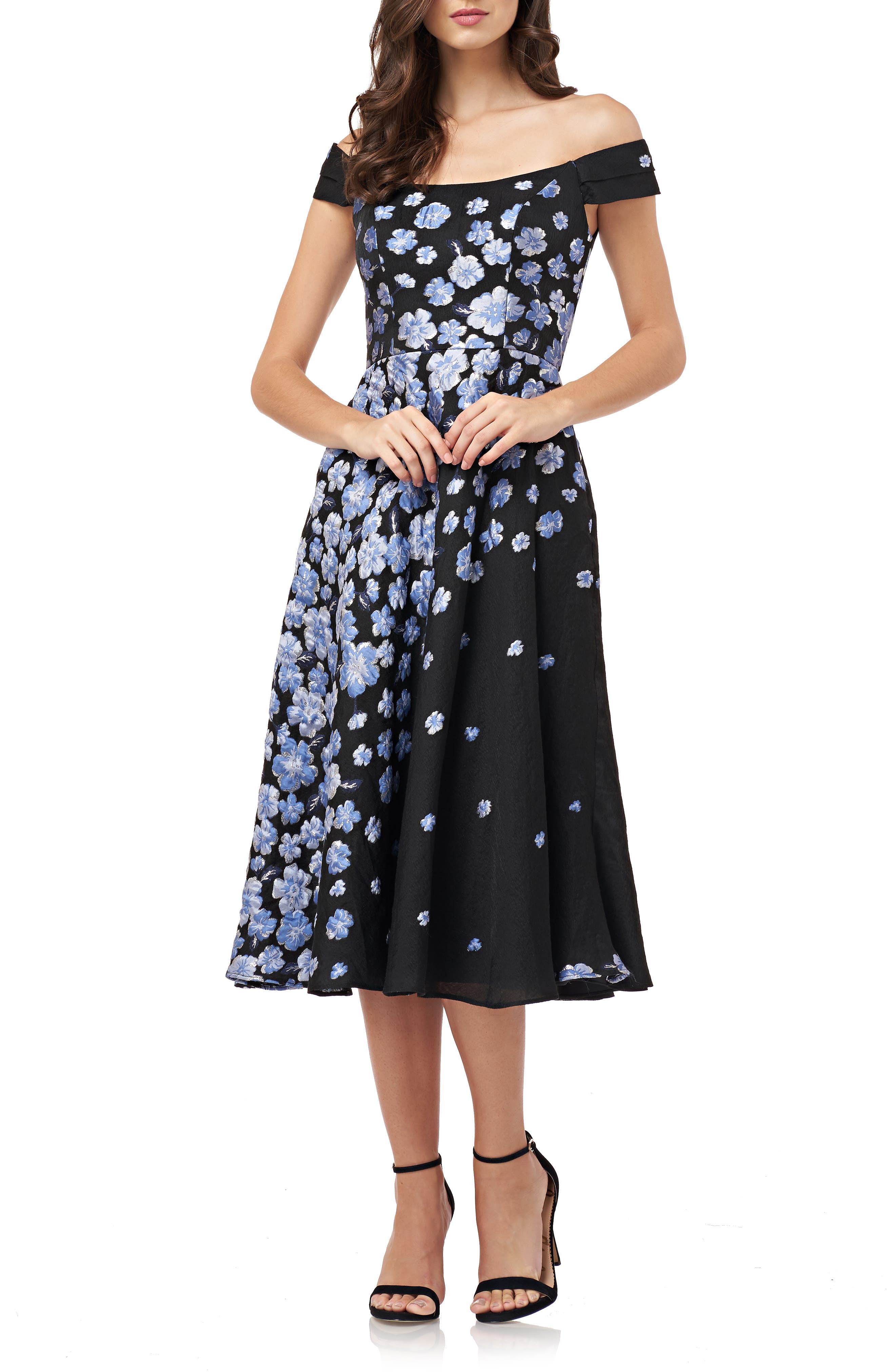 Carmen Marc Valvo Infusion Off The Shoulder Jacquard Fit & Flare Midi Dress, Black