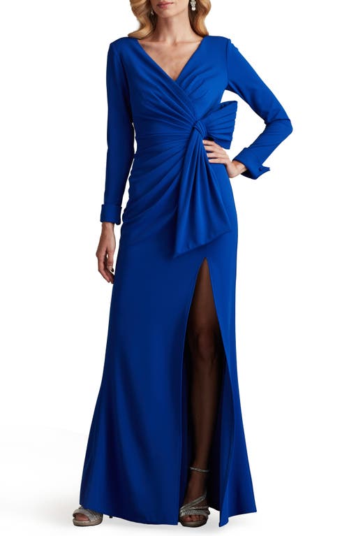 Shop Tadashi Shoji Bow Detail Long Sleeve Gown In Mystic Blue