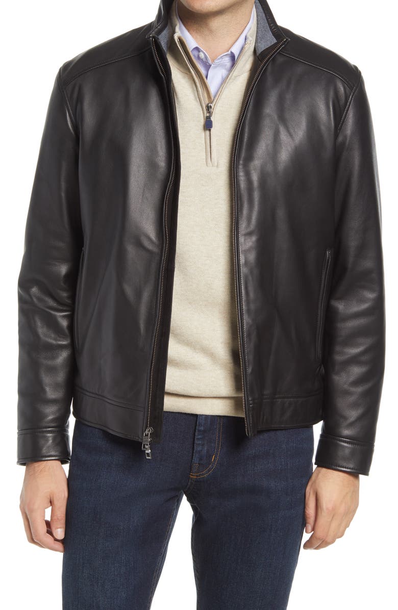 PETER MILLAR Leather Bomber Jacket, Main, color, BLACK